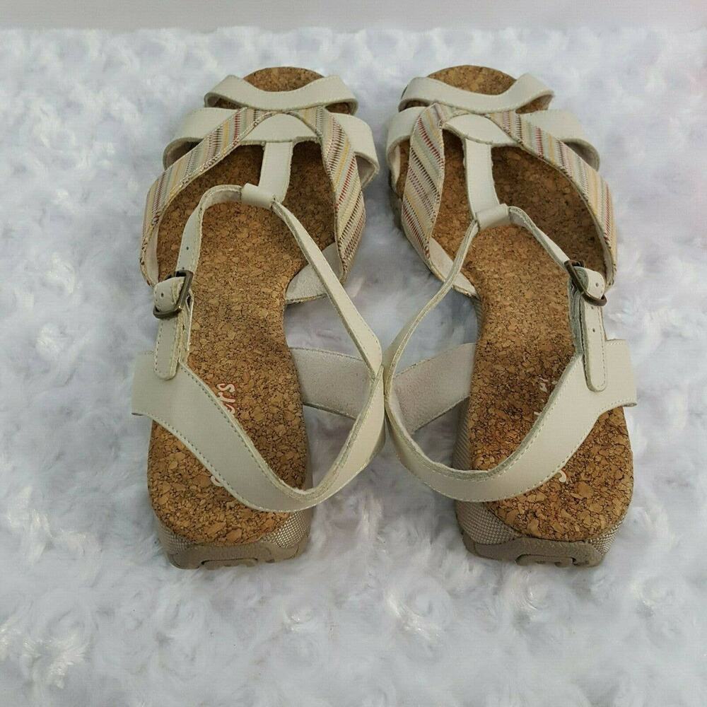 Skechers Womens 10 Sandals T-Strap Beige Striped Strappy Cork Footbed Comfort - Picture 7 of 10